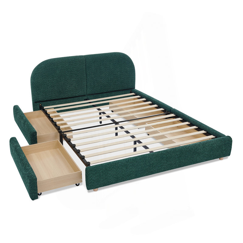 Base de lit tapissier grand format de style moderne et minimaliste - tissu à fils circulaires, tête de lit haute incurvée, support de pieds robuste et rangement à roulettes, matelas non inclus