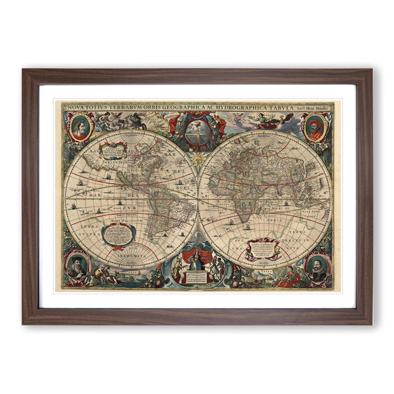 Vintage World Map Vol.1 by Henricus Hondius Ii - Picture Frame Painting, Walnut, 48cm H x 65cm W x 2cm D