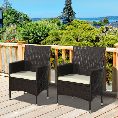 Outsunny 2 Pieces Outdoor PE Rattan Dining Chairs Set Cushion Coffee