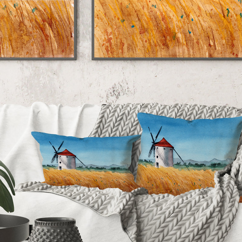 Paysage avec un moulin à vent dans un champ de blé - Coussin décoratif à imprimé champêtre, 16 po x 16 po