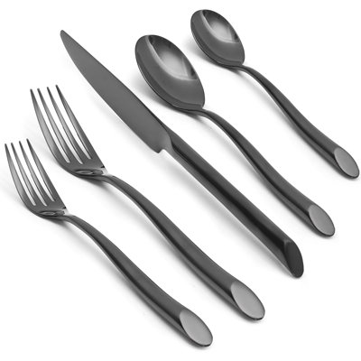 Ensemble de couverts noir mat, 20 couverts en acier inoxydable forgé avec poignée en forme de vague, va au lave-vaisselle