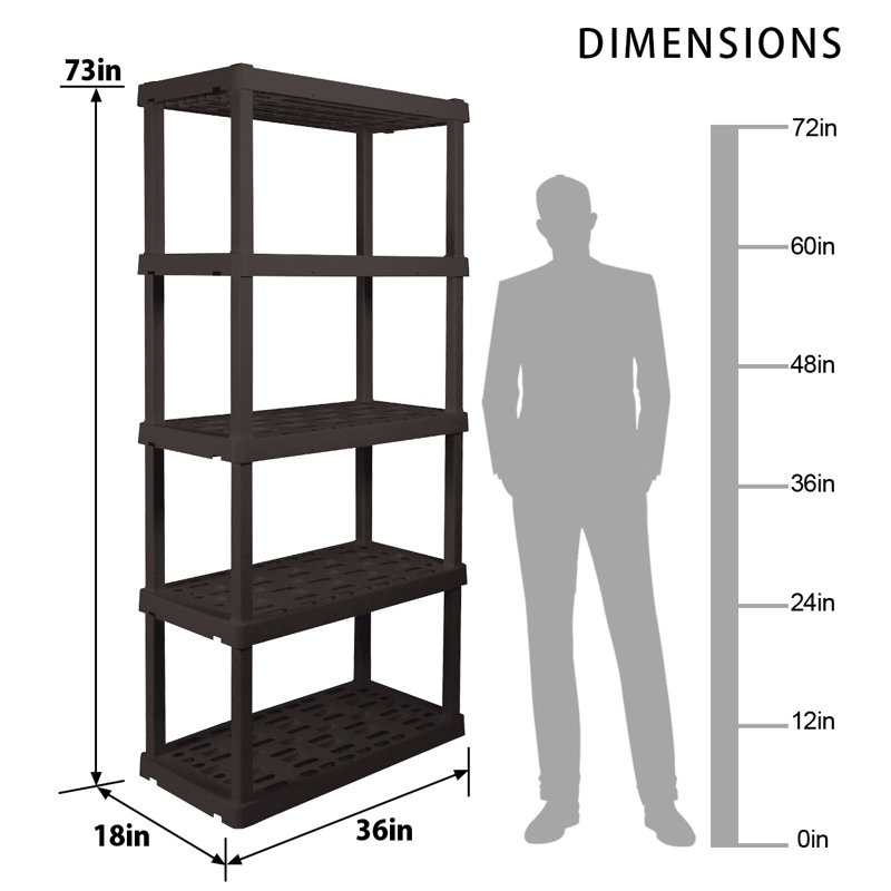 Large 5-Tier Interlocking Shelving Unit, 18 X 36 X 74", Black