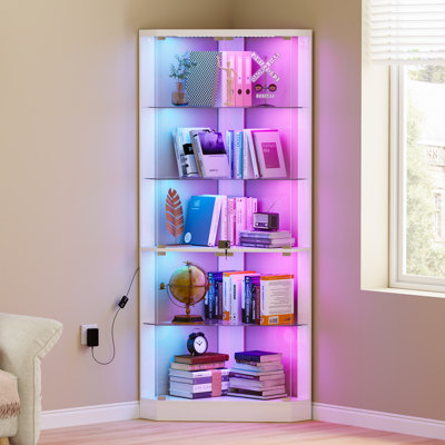 5-Tier Lockable Corner Bookcase with Colorful Lights & Motion Sensor