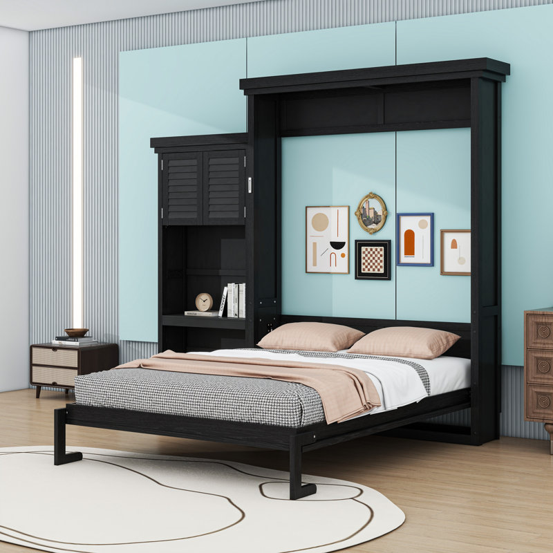 Grand lit escamotable en bois avec conception à persiennes classique et tablettes de rangement, Noir