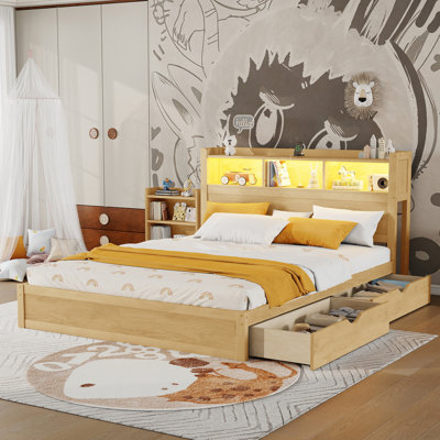 Grand lit avec tiroirs, grand lit en bois avec tête de rangement et armoire de rangement escamotable, lit en bois avec lumière et douille, naturel