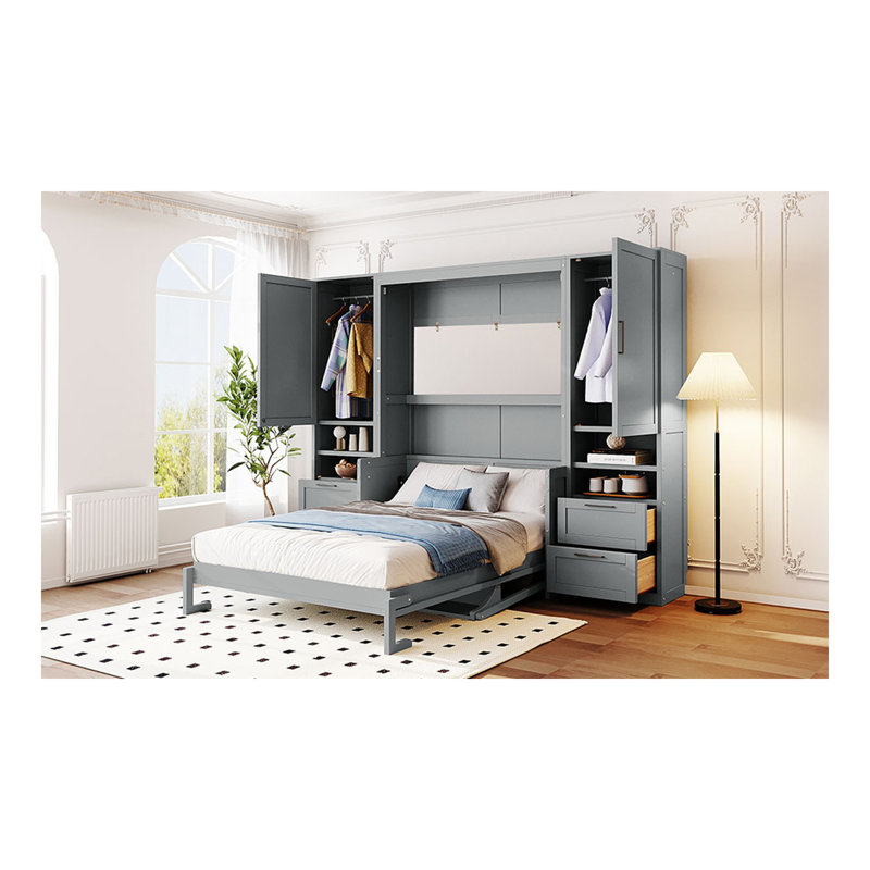 Lit escamotable double pleine grandeur avec placard, tiroirs et tablettes, gris