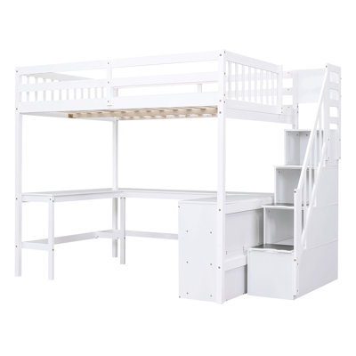 Lit mezzanine avec bureau intégré en forme de L et tablettes de rangement à trois niveaux, et escalier de rangement attaché
