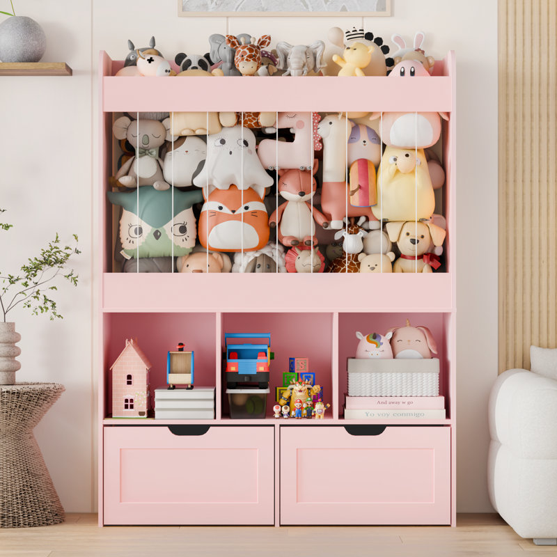 Boîte de rangement pour jouets H 51,7 po, rangement pour animaux en peluche de grande capacité avec 2 tiroirs de rangement mobiles, 3 cubes de rangement, bibliothèque pour chambre d'enfant, salle de jeux (rose)
