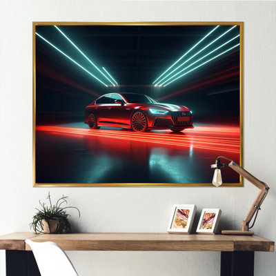 " Neon Light Strips Around Red Sedan "