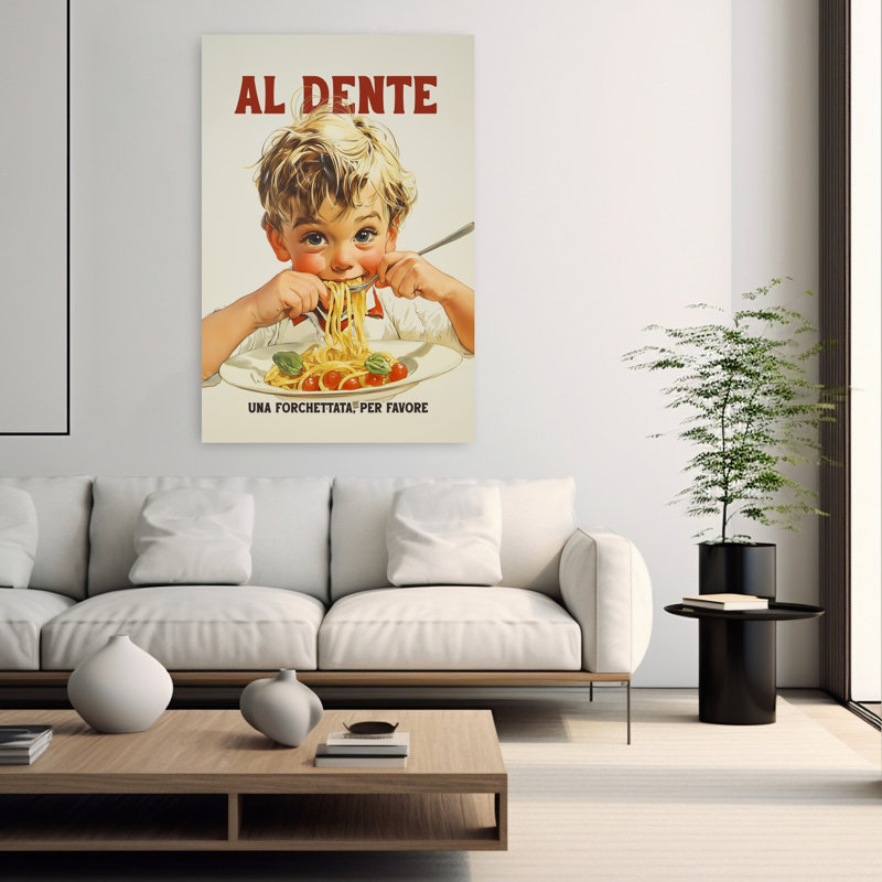 «Happy Boy Eating Spaghetti Classic Retro», art mural rétro, H 60 po x l 40 po