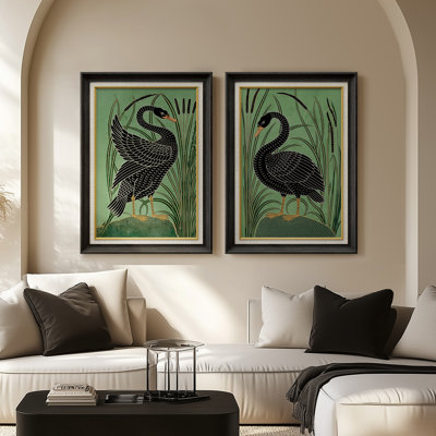 «Black Swan pair», ensemble de 2 reproductions d'art encadrées 26 po x 36 po