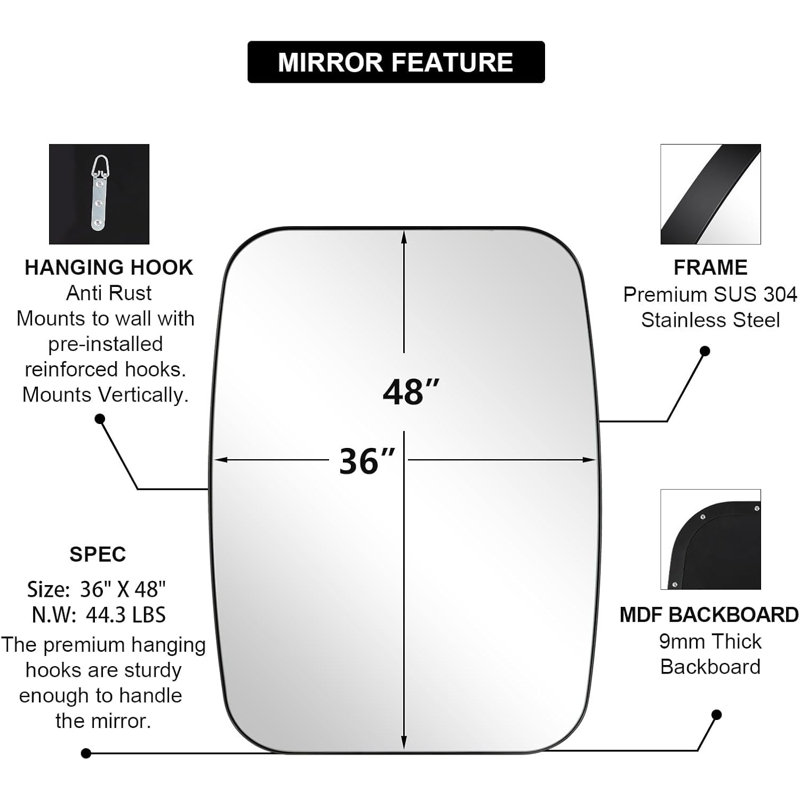 Miroir de salle de bain ovale moderne | Cadre en acier inoxydable, Noir mat, 48 po x 36 po