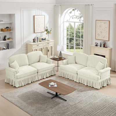 2PCS Double Seat Flared Arms Chenille Sofa Set with Removable Skirts and Spindle Legs for Living Room with Multiple Configurations