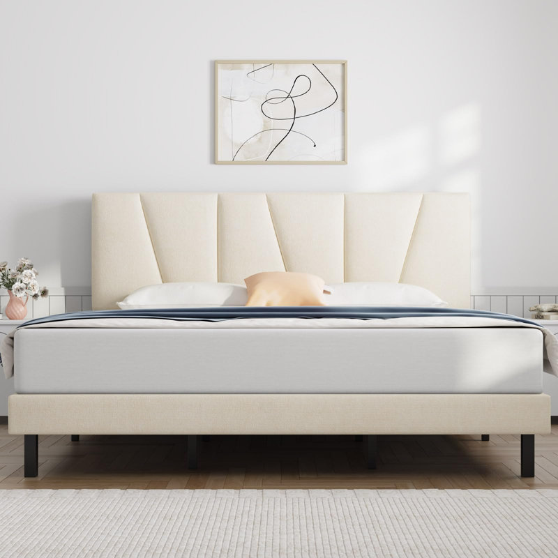 Très grande plateforme tapissier avec tête de lit et lattes de bois robustes, Beige