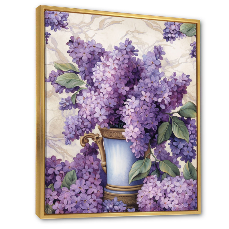 Fleurs de lilas mauves parfumées sur toile, Cadre flottant doré, H 32 po x l 24 po x P 1 po