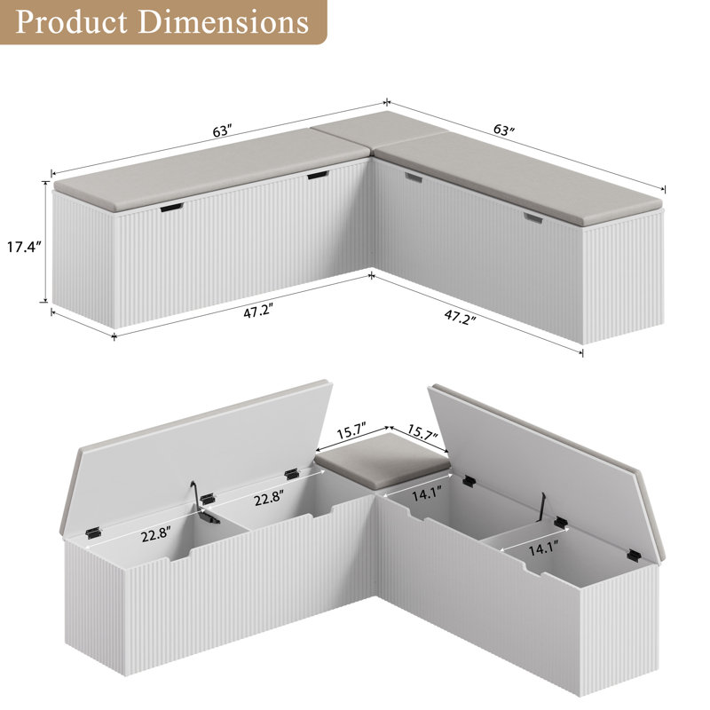 Banc de rangement en forme de L avec coussin - Banc d'angle moderne pour la cuisine, entrée - blanc, Blanc