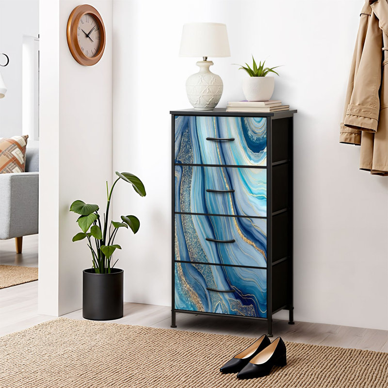 Commode pour commode de chambre à coucher pour garde-robe abstraite à texture de pierre artificielle avec agates bleues et dorées peintes Commodes et commodes de rangement en tissu avec bacs de rangement à 4 tiroirs