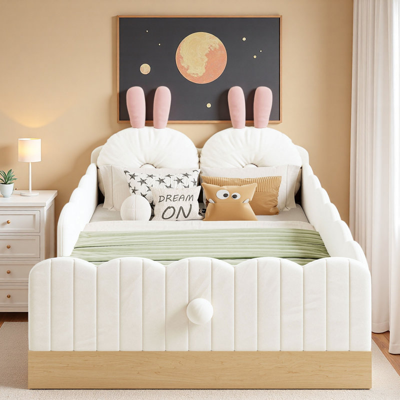 Upholstered Platform Bed With Animal-shaped Pillows And Storage Bags, Beige
