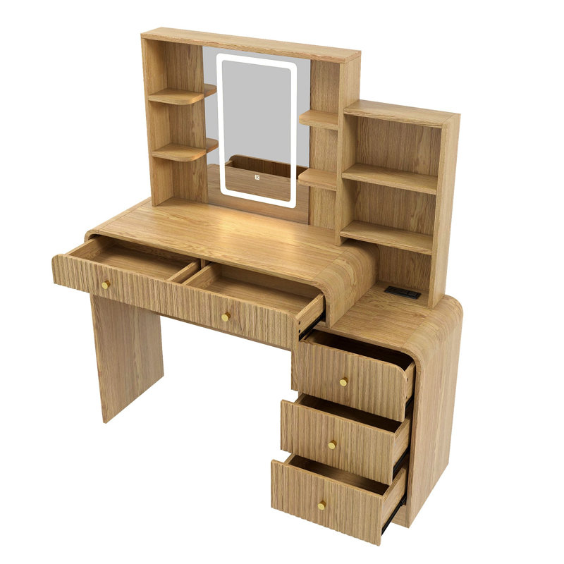 Coiffeuse 47,4 po, 5 tiroirs de rangement et tablettes ouvertes, miroir lumineux à DEL et station de charge, Natural