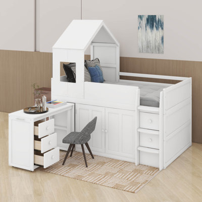 Lit mezzanine bas simple avec bureau et rangement, lit mezzanine en bois avec bureau portatif, tiroirs et armoires de rangement