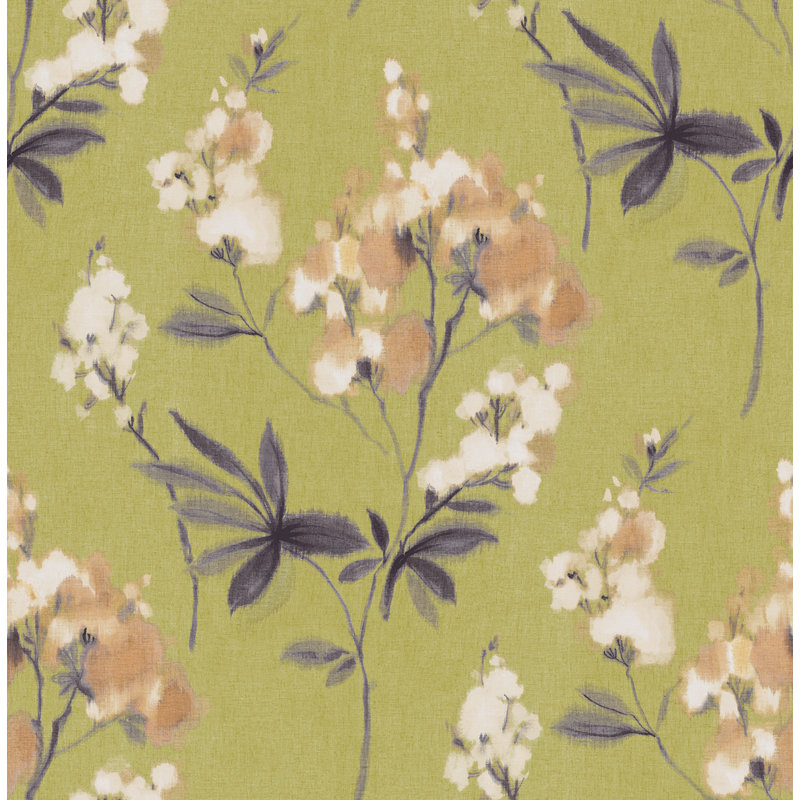 Papier peint floral en lin parchemin et denim Seabrook Designs, Vert / mauve / rose