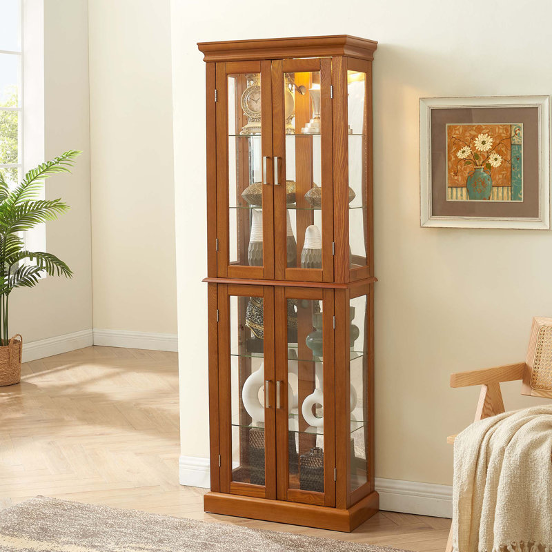 Curio Cabinet Lighted Curio Diapaly Cabinet with Adjustable Shelves and Mirrored Back Panel