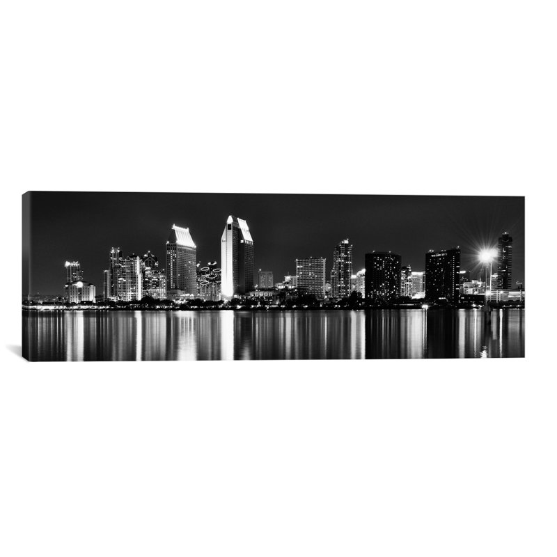 « san diego horizon cityscape », reproduction de photo sur toile en noir et blanc, H 20 po x l 60 po x P 1,5 po, Cadre noir