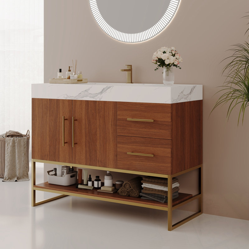 Meuble-lavabo avec lavabo, 2 tiroirs et tablette inférieure, Noyer