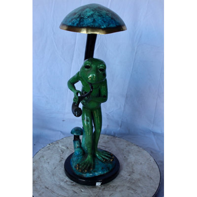 Jazzy frog perched under mushroom bronze statue -  Size: 10"L x 10"W x 28"H.