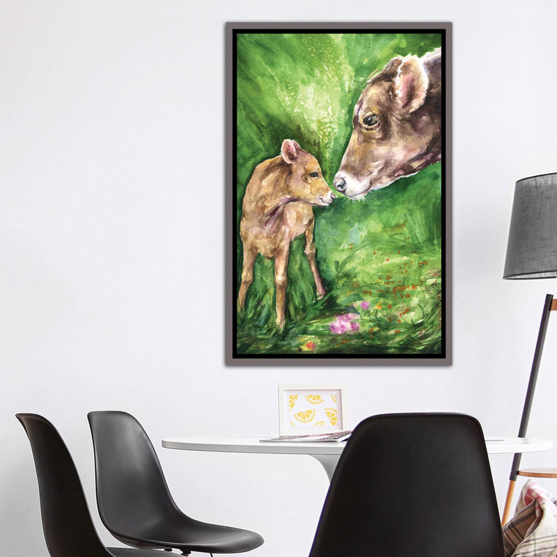 Vache et bébé, décoration murale pour enfants, H 60 po x l 40po x P 1,5 po, Toile avec cadre gris foncé rustique