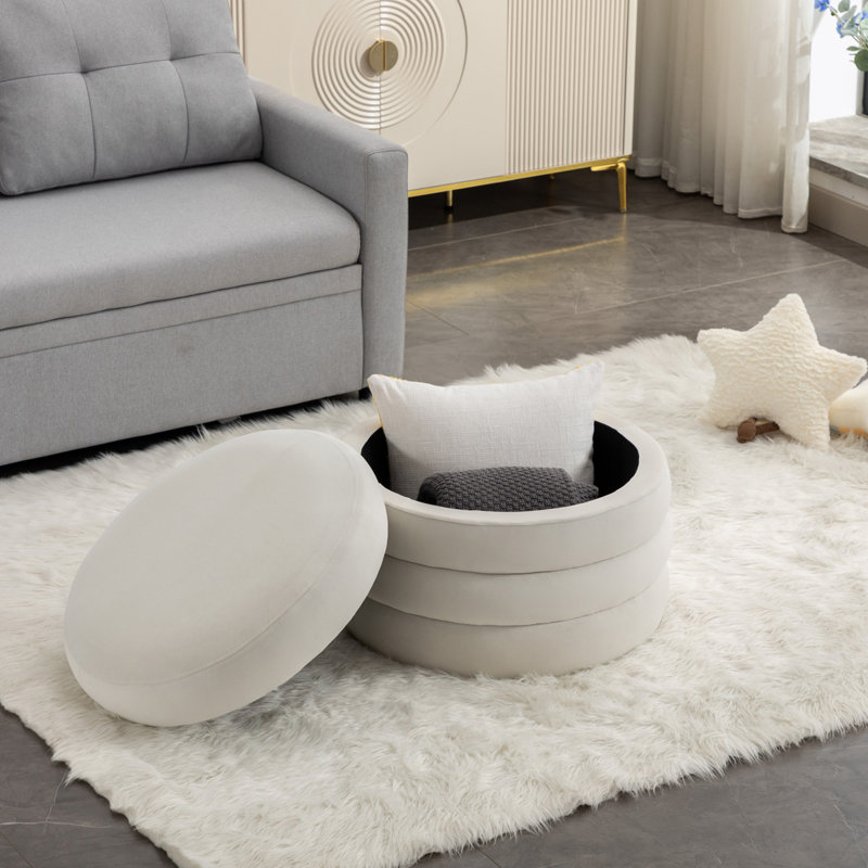 Minaal Upholstered Ottoman, Ivory Velvet Fabric