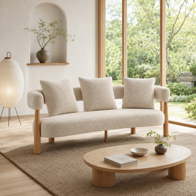 Canapé courbé de 76,5 po de largeur avec accoudoirs arrondis, pieds en bois massif et 3 coussins décoratifs