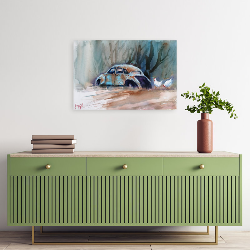 «Rustic Car and Chickens Classic Peaceful Rustic Beetle Nature Landscape», art mural, 16" H x 24" W
