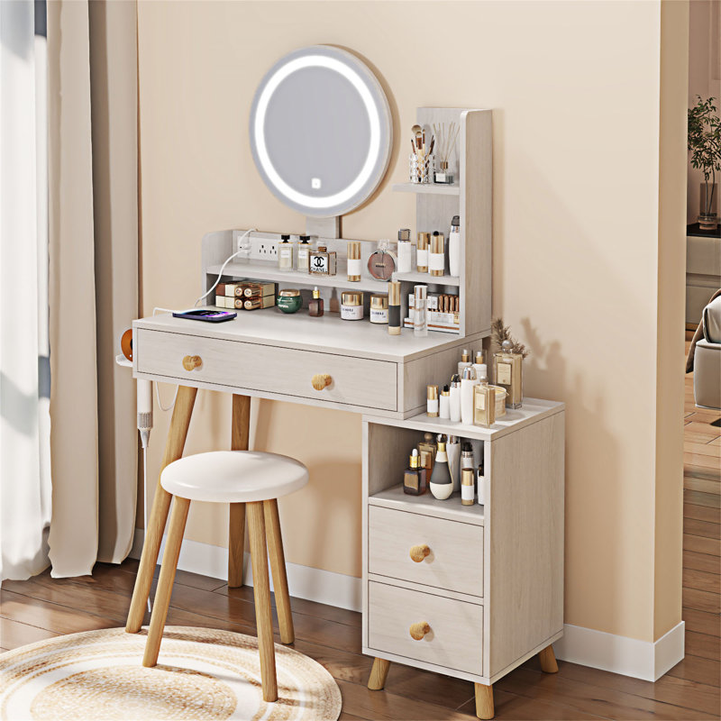 Bedroom Vanity, Vanity Table With Cushioned Stool And LED Mirror, White Oak