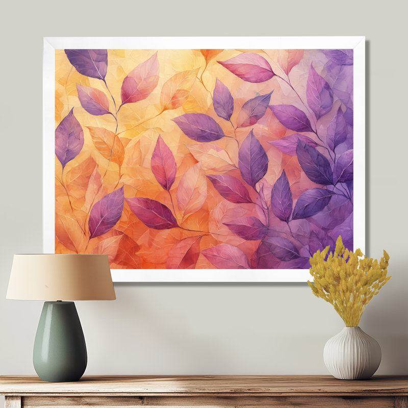 «Inbar Sunset Leaves I» - art mural grandes feuilles, H 12 po x l 20 po, Reproduction encadrée, Blanc