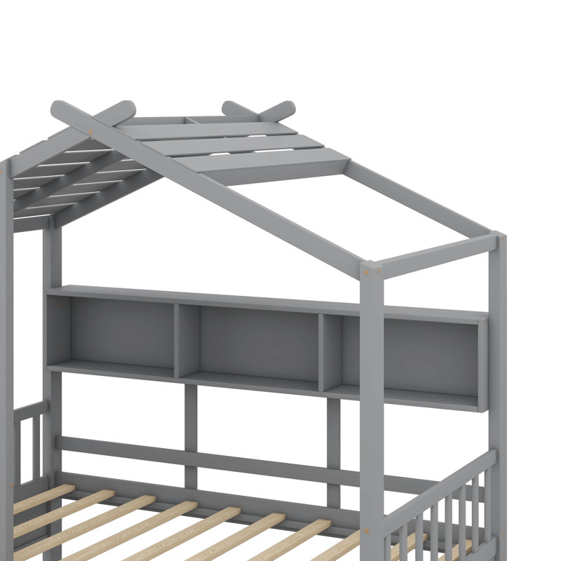 A Wooden House Bed With Two Drawers, Designed As A Kids' Bed Featuring A Storage Shelf, Gray, Twin