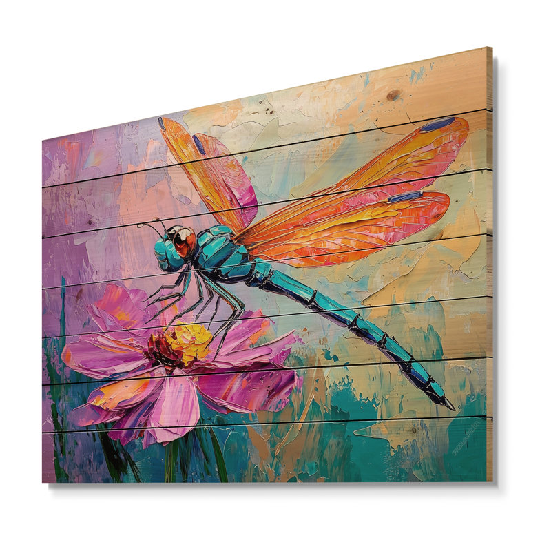 Libellule sur une fleur I - art mural moderne en bois sur bois de pin naturel, H 24 po x l 32 po