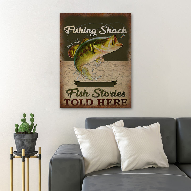 A Big Fish - Fishing Shack Fish Stories Told Here - 1 Piece Rectangle Graphic Art Print On Wrapped Canvas