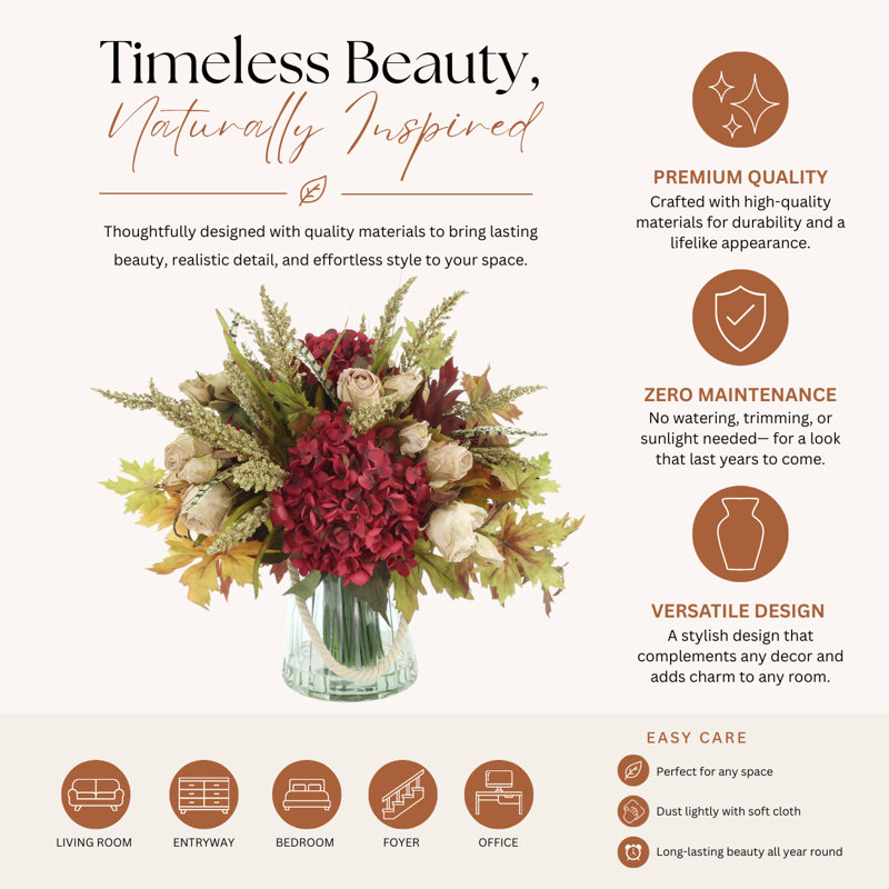 Fall Hydrangea and Heather Arrangement in Decorative Vase