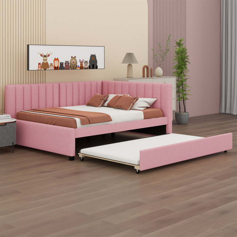 Upholstered Daybed with Trundle Sofa Bed Frame, Pink, Twin