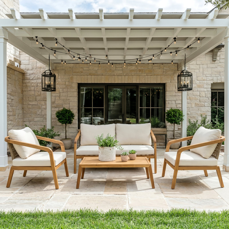Kanso 4-Person Modern Minimalist Acacia Wood Outdoor Conversation Set With PE Wicker Backrest And Cushions