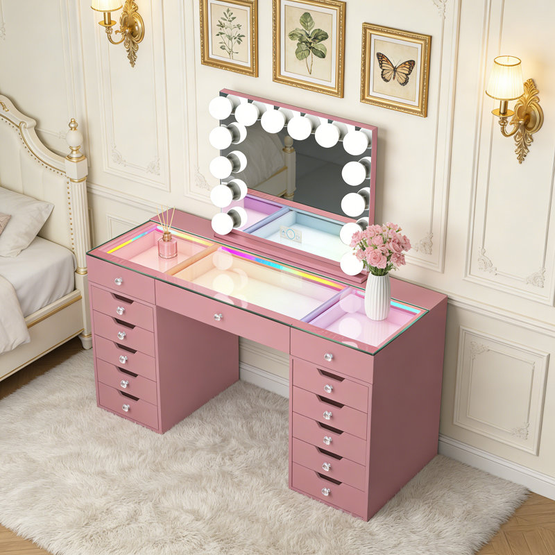 Ensemble de coiffeuse avec miroir lumineux et plateau en verre HD avec bandes lumineuses RVB intégrées 13 grands tiroirs