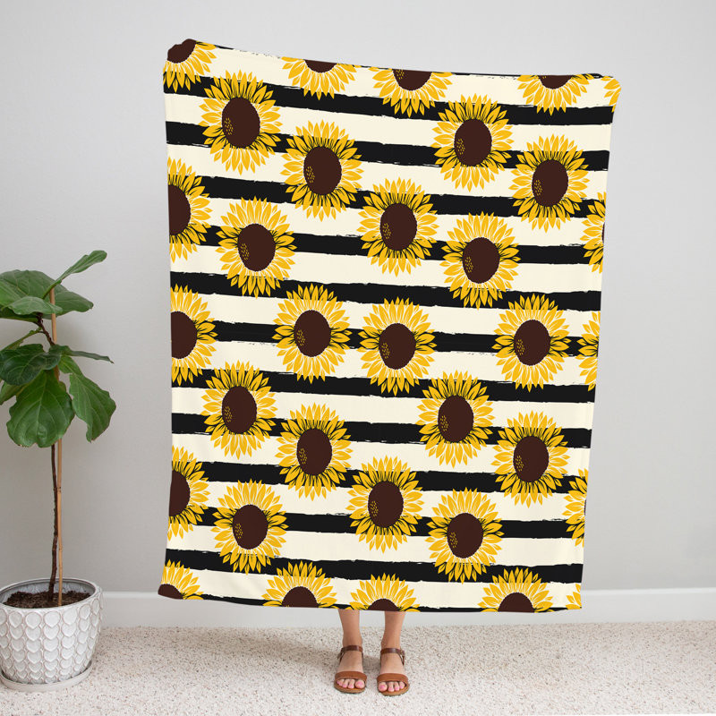 Throw Blanket, 51" W x 60" L, Striped/Floral, Yellow/Black/White