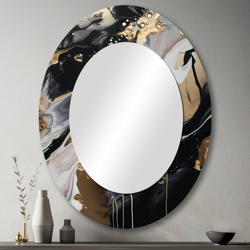 Back And Gold Marble Medley III - Abstract Oval Decorative Mirror On Metal, 43" x 33"