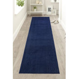 Custom Size Trellis Bordered Design Navy Machine Washable Slip Resistant Medium Pile Hallway Rug