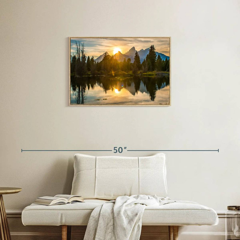 Coucher de soleil spectaculaire sur Grand Teton, Cadre flottant en bois naturel, 31 po x 21 po