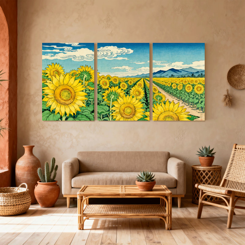 Ensemble de 3 impressions sur toile, "Tournesols sous un ciel bleu", H 30 po x l 60 po