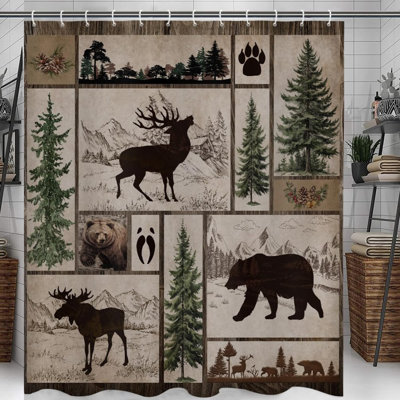Woodland Retreat Shower Curtain Set - Rustic Farmhouse Decor with Black Bear, Deer, Moose Design - Perfect for Hunting Cabin Bathrooms - Includes 12 Hooks