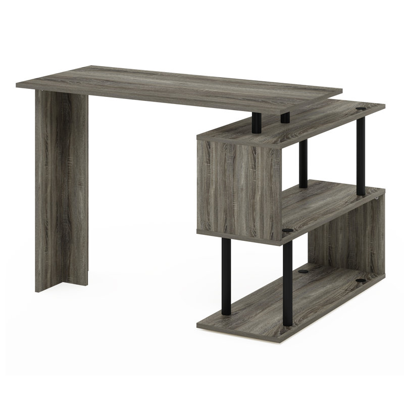 Dontay L-Shape Computer Desks with Side Shelves, French Oak