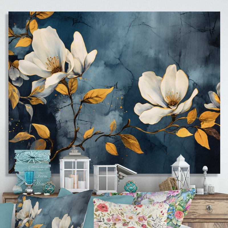 Jaune, gris, magnolia, nature, élégance II, H 34 po x l 44 po x P 1,5 po, Toile tendue